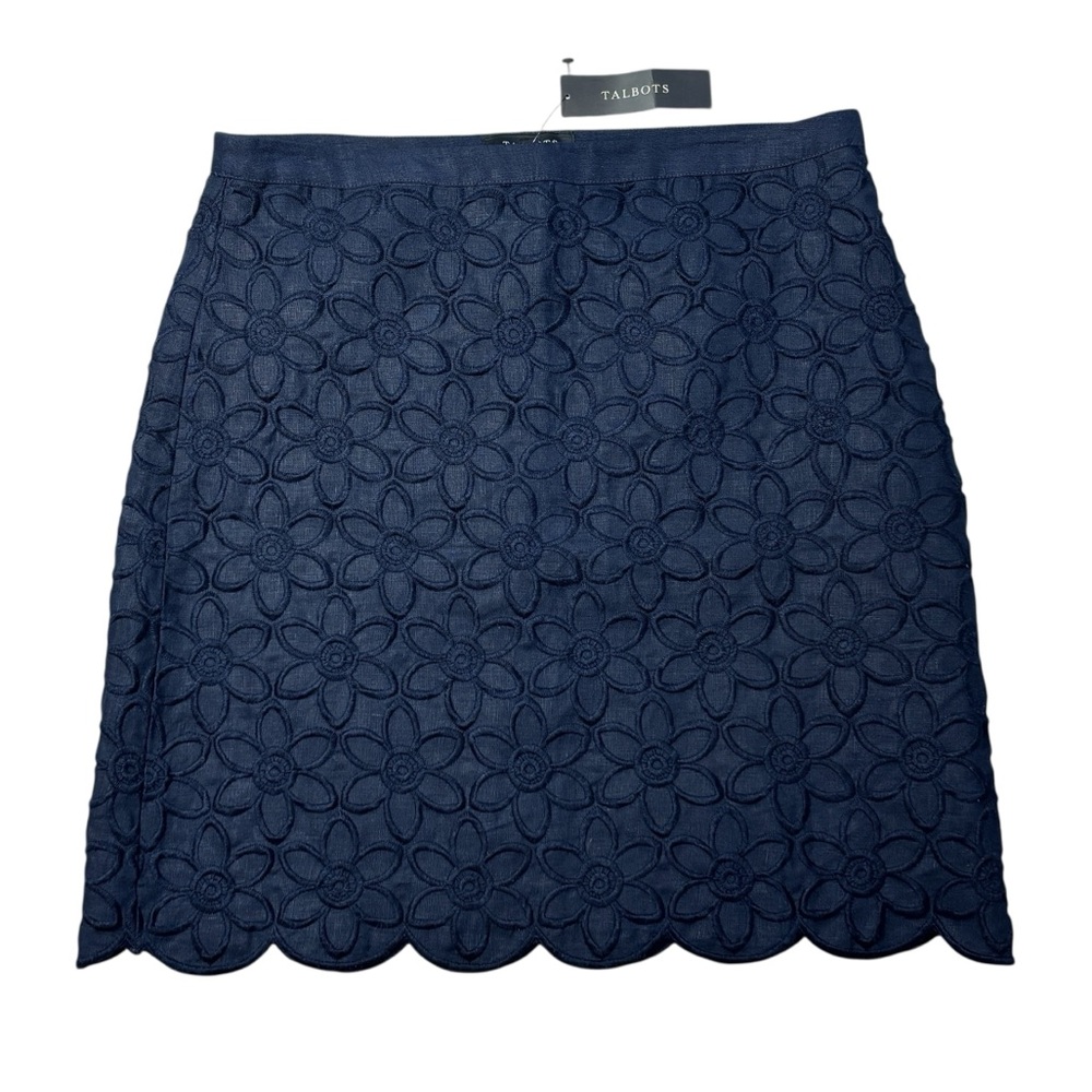 Talbots Navy Linen Embroidered Floral Scallop Hem Lined Skirt‎ - 10 Petites NWT